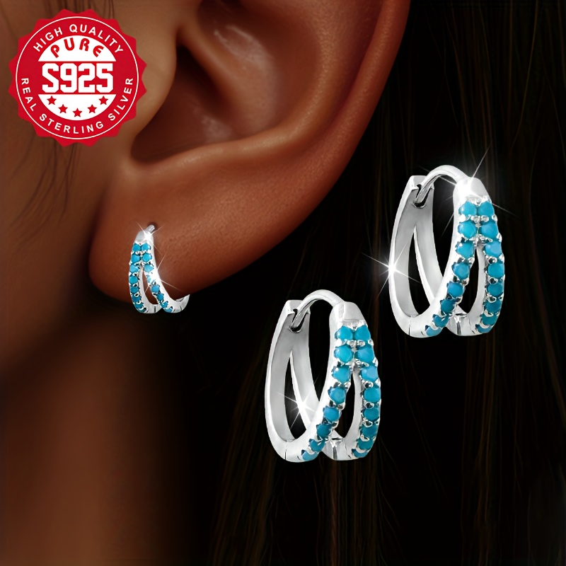 

Paire de boucles d'oreilles à double couche bleues, argent S925, pierres synthétiques bleues, style décontracté océan, élégantes et délicates, , hypoallergéniques, pour un