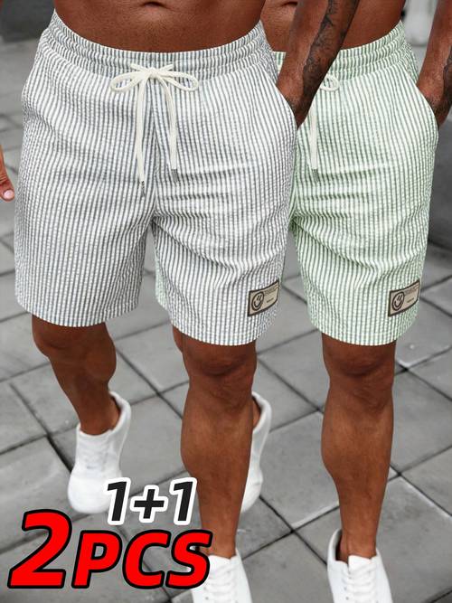 mens casual striped shorts 2pcs drawstring waist striped bubble check pattern lightweight and breathable soft and comfortable suitable for daily casual sports outdoor activities beach or outdoor camping travel and vacations