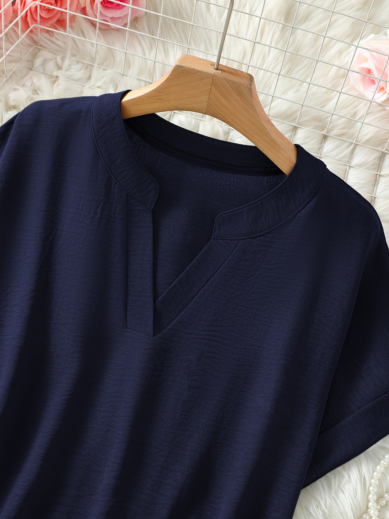 womens v neck drop shoulder sleeve solid color loose short sleeve shirt details 23