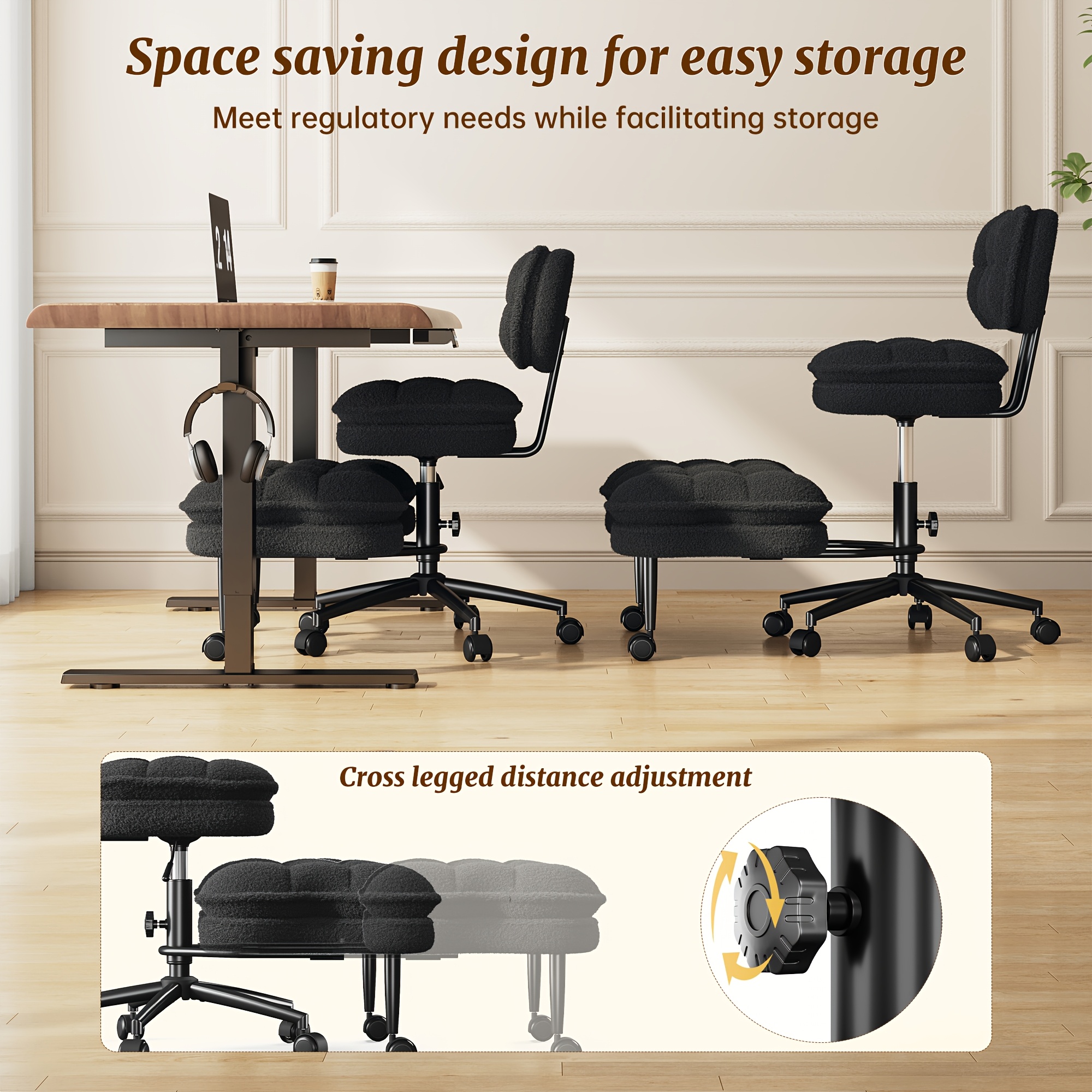 DURAYLOLY Ergonomic Cross Legged Chair, 360° Swivel Meditation Chair with Wheels, Height Adjustable Seat, Strong Lumbar Support, Home Office Furniture, Teddy Fabric