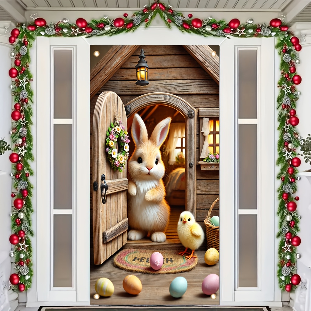 

2d Door Banner, Easter Bunny Polyester Door Banner, 35 X 70 Inches - Seasonal Graphic Hanging Decoration For Front Porch And Room Background