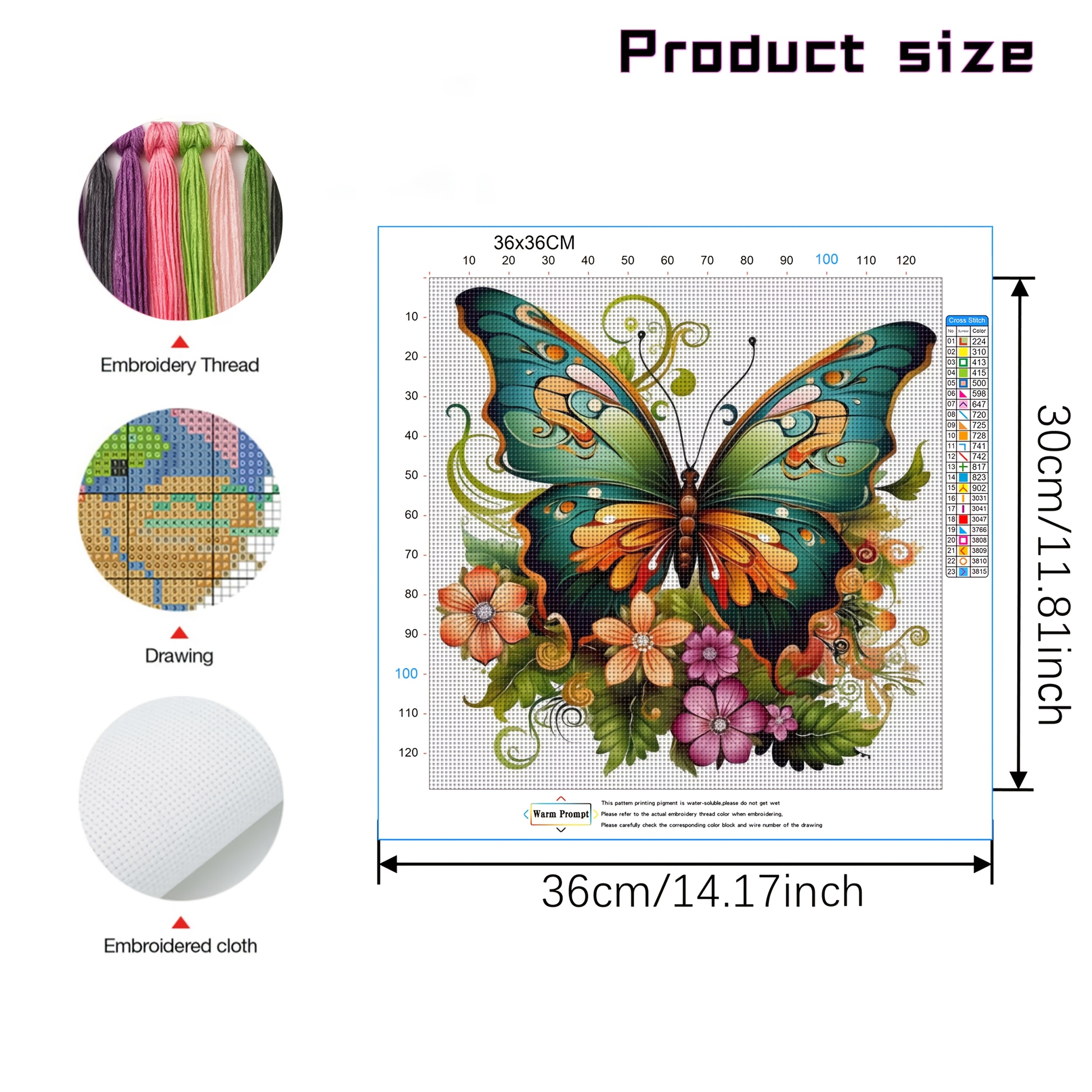 Butterfly Theme Printed Cross Stitch Kit, 35.99x35.99 cm