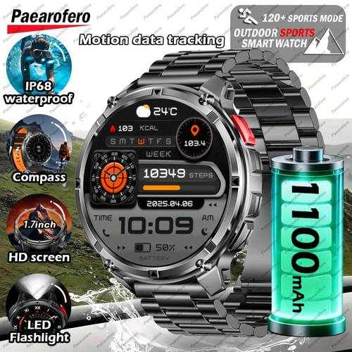 2025 herren smartwatch, 1,7-zoll hd-display, 1100mah großer akku, 90 tage standby-zeit, outdoor- , drahtloses telefonieren, led-taschenlampe, + zifferblätter, sprachassistent, herrenuhr, 120+ sportmodi, fitness- -uhr, weihnachten, halloween, geburtstagsgeschenk, sportuhr, kompatibel