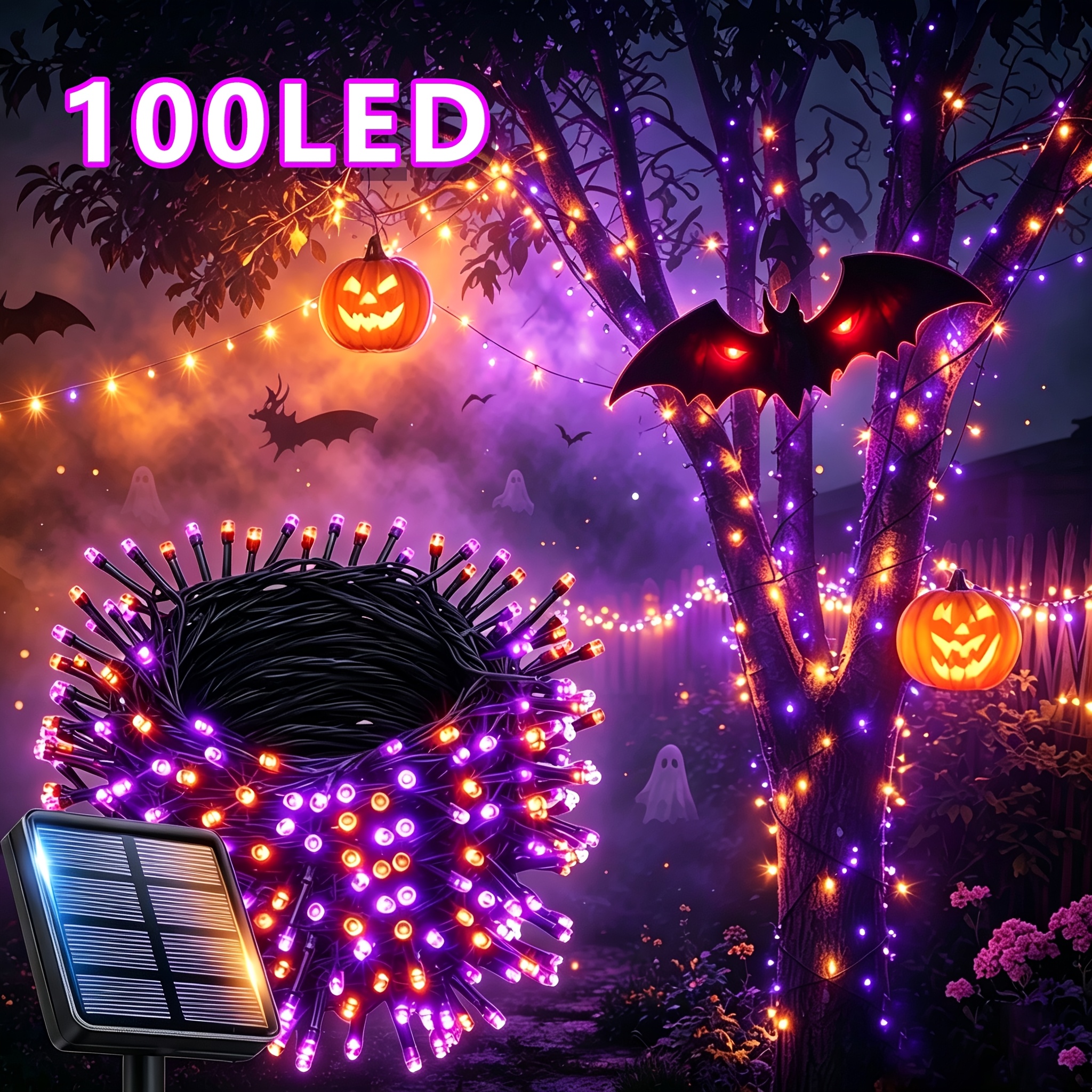 TEMU 1 Pack Of Solar Halloween String Lights, Spooky Vibe 39ft-100led Fairy Lights In Orange And Purple For A Creepy Atmosphere, Ip65 Outdoor ,