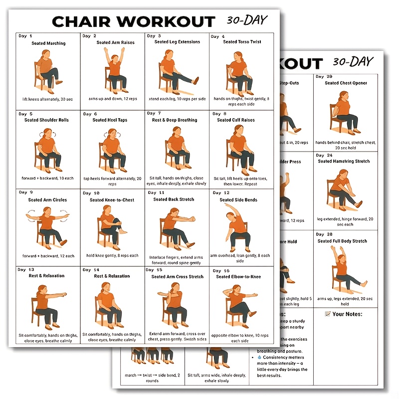 TEMU 4 stuks 30-daagse Stoel Workout Poster - een kaart voor senioren en beginners met zit-oefeningen, lage-intensiteit stoel-yoga en stretching