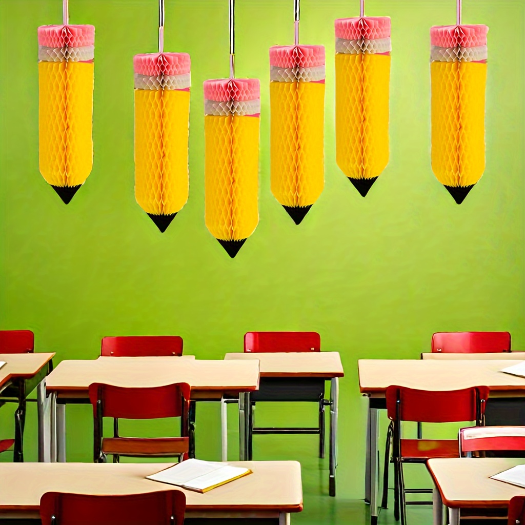 6pcs/12pcs, Back-to-school Season Decoration Hanging Objects, Back-to-school Season Pencil Honeycomb Classroom Decoration, School Decoration Garland, Back-to-school Party Decoration