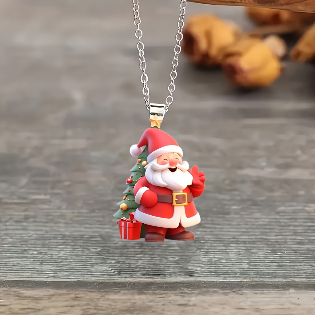 Festive Santa Claus with Christmas Tree Acrylic Pendant Necklace Party  Themed Jewelry for Teens and Adults Over 15 Years Old, No Metal Plating,  Pure