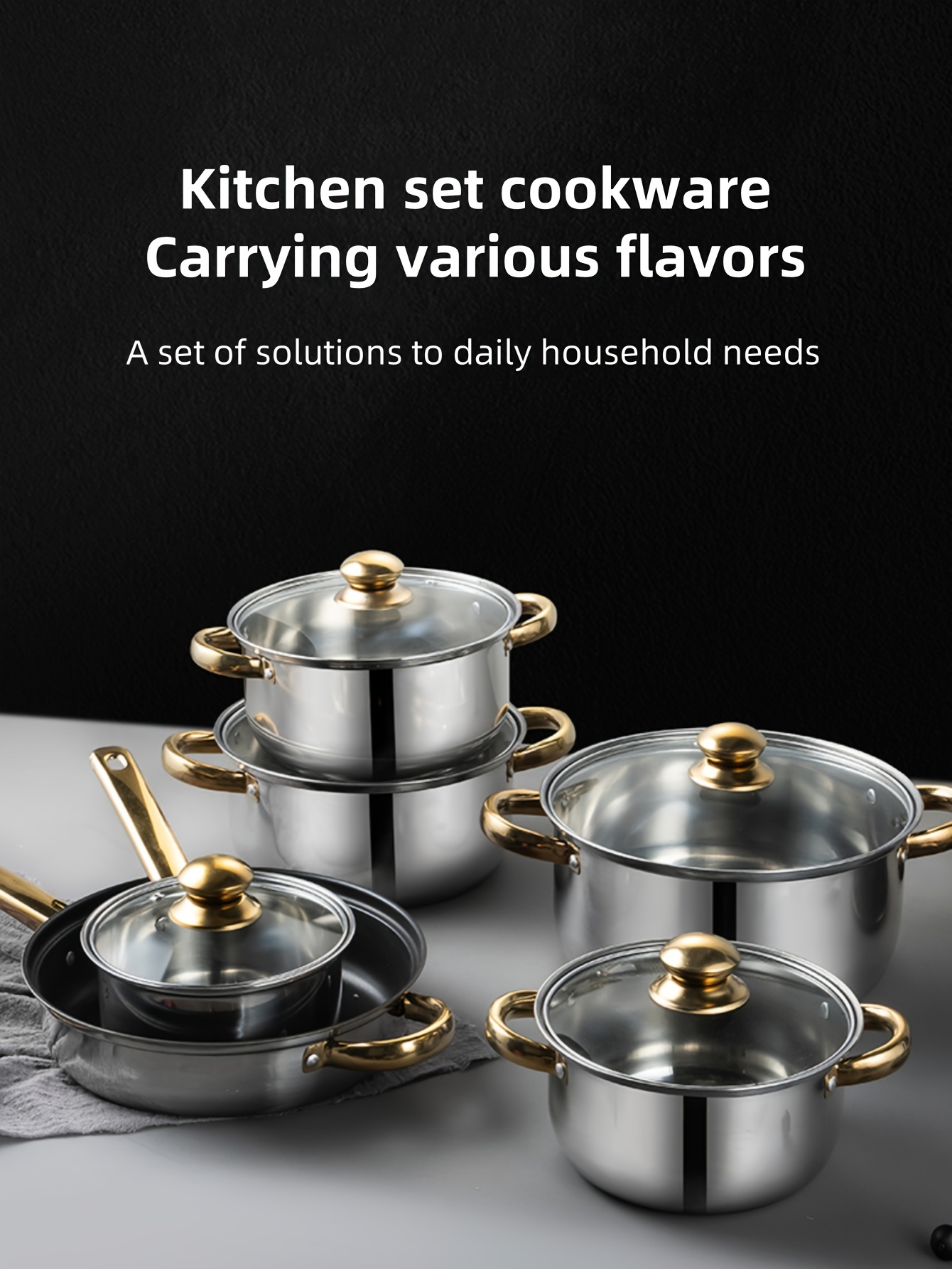 12pcs stainless steel cookware set with golden handles kettle for kitchen and cooking cross border e commerce details 3