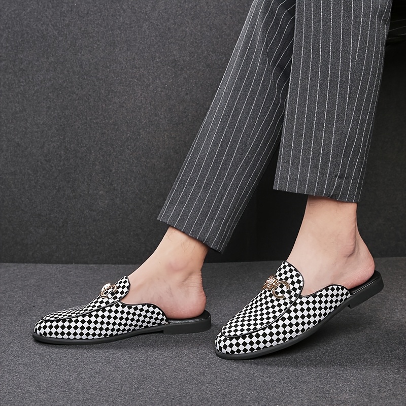 Men's British-Inspired Checkered Slip-On Loafers - Black & White Casual Shoes with Golden Accents, Breathable Rubber Sole for Spring/Summer, Easy Slip-On Design for Daily Wear & Leisure Activities, Classic Loafer Style, Comfortable Interior Lining