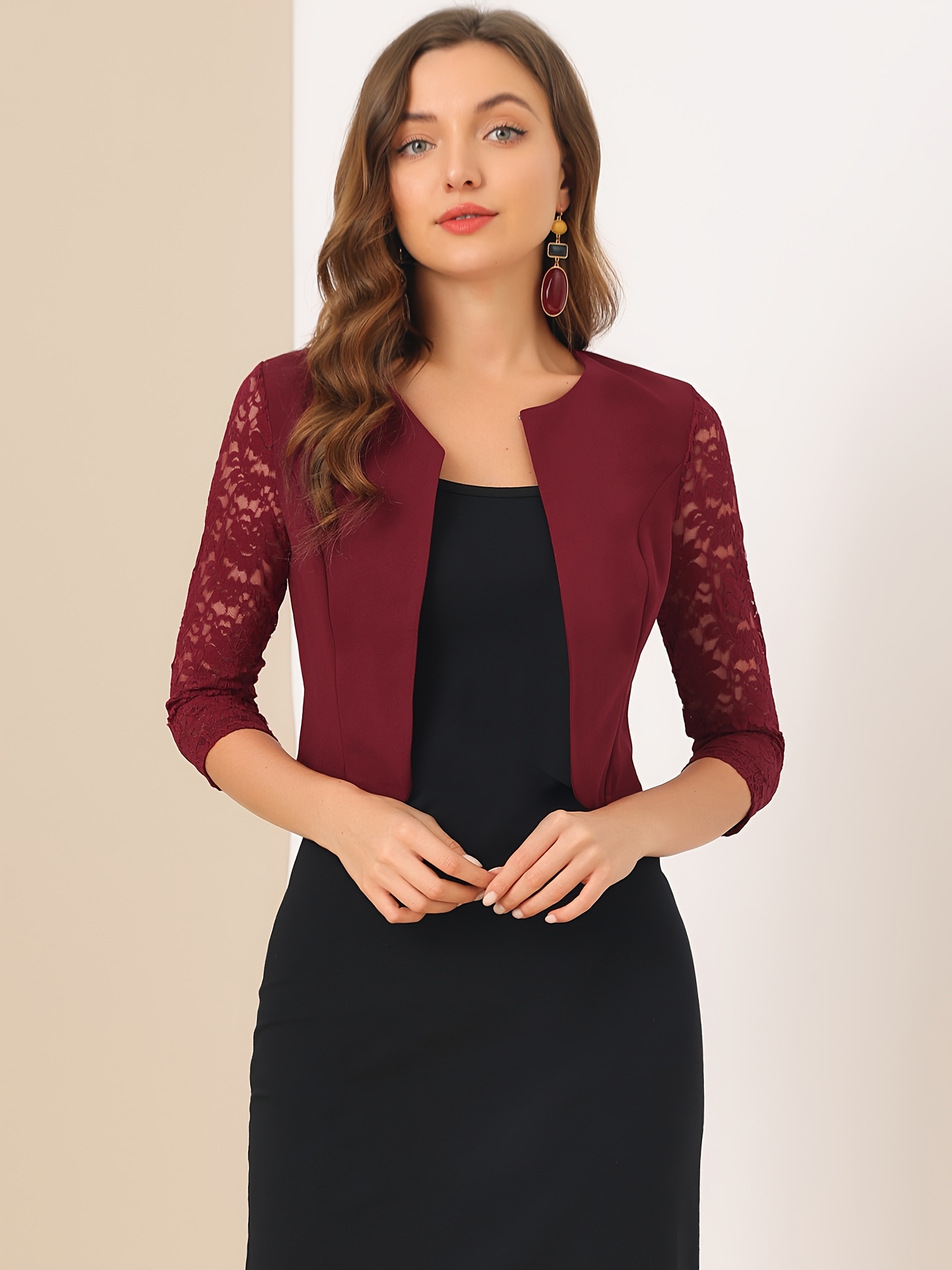 Elegant Women's Maroon Floral Lace Shrug 3/4 Sleeve, Open Front,  Semi-Sheer Cardigan with Round Neckline Weddings, Parties, Work Cas
