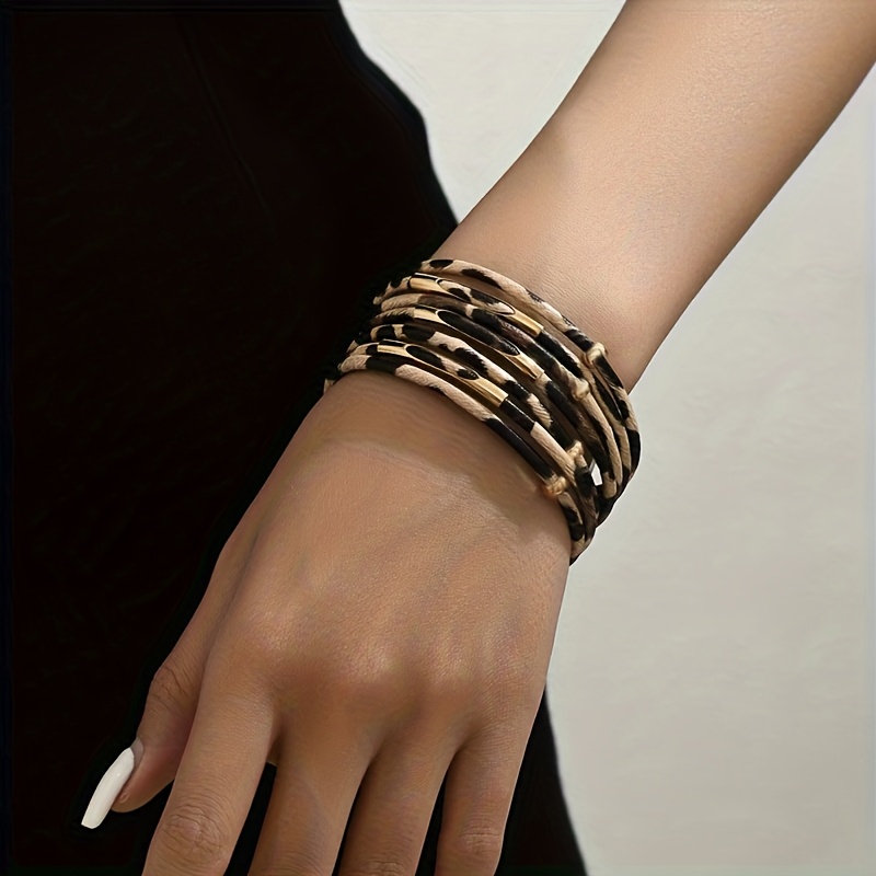 

1pc Chic Leopard Print Woven Bangle Bracelet For Women, Sexy Uv-plated Fashion Accessory, For And Parties, Style