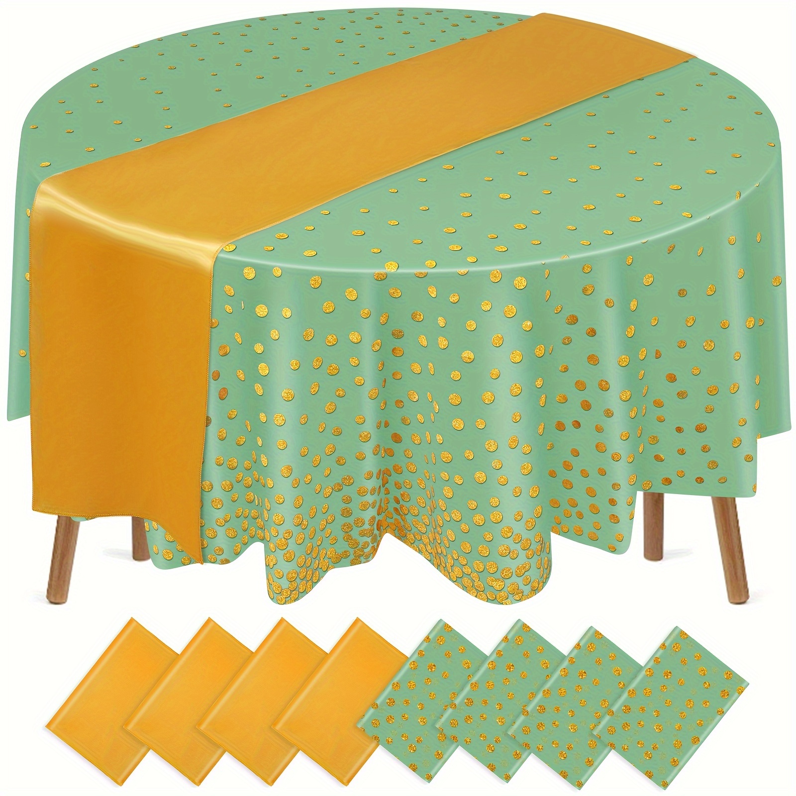

Graduation Plastic Round Tablecloths And Satin Table Runner Set 84 Inch Grad Tablecloth Disposable Table Cover For Graduation Wedding Birthday Party(sage Green, Gold, 4 Sets)