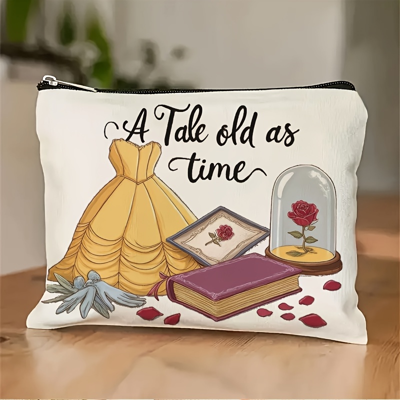 TEMU 1 trousse de Cosmétique avec l'impression et le texte 'A Tale Old As Time', convient à différents utilisateurs, avec fermeture éclair, utilisée