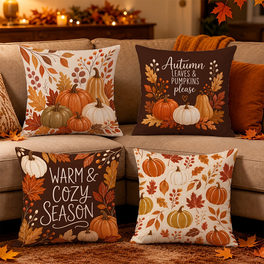 TEMU 4pcs Set Of Brown Leaf Autumn Pumpkin Text Pattern Pillowcases, Single-sided Printed Peach Suede Material, Thanksgiving Pillowcase Suitable For