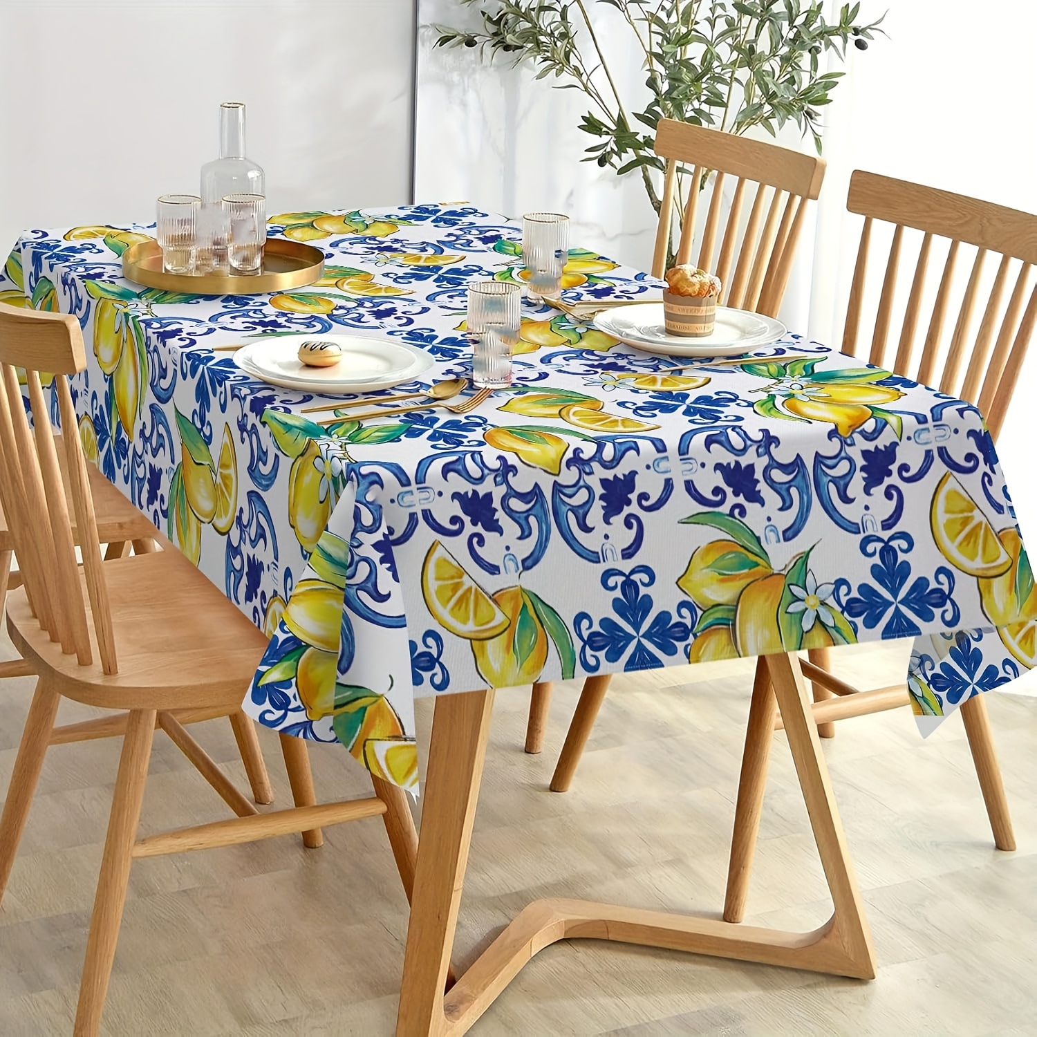 leinen tischdecke zitronenmuster blau weißes
