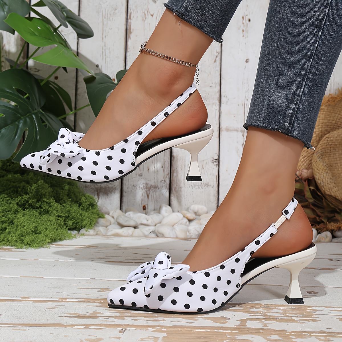 TEMU Women's Casual Polka Dot Bow High Heel Sandals, Pointed Toe With Thin Heel, New Style, Multiple Colors, Elegant And Shallow Mouth High Heels,