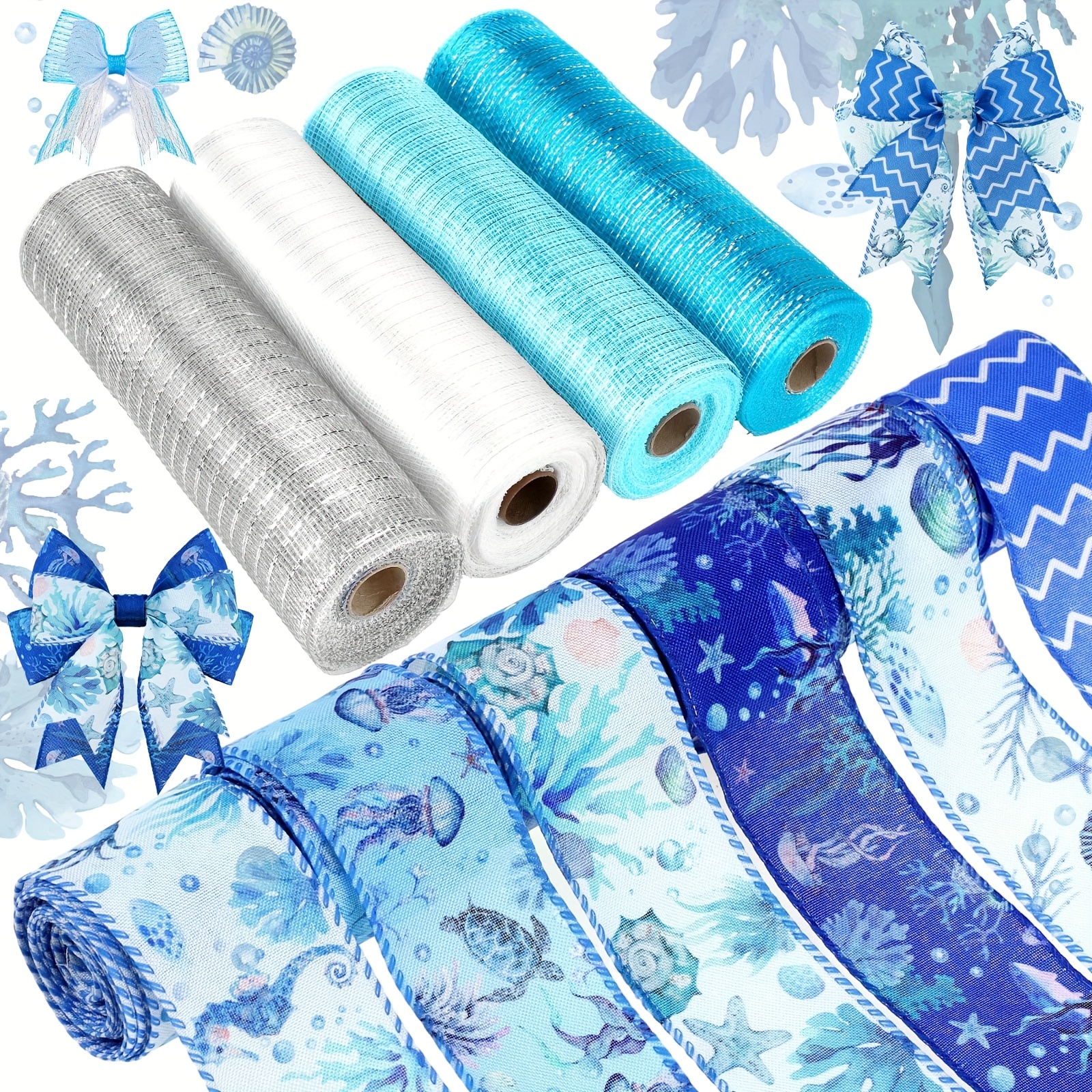 TEMU 10 Rolls Animals Ribbons 6 Rolls 2.5" X 5 Yards Ocean Wired Edge Fabric Ribbons And 4 Rolls 10" X Mesh Ribbon Rolls For Wreath Craft Gift