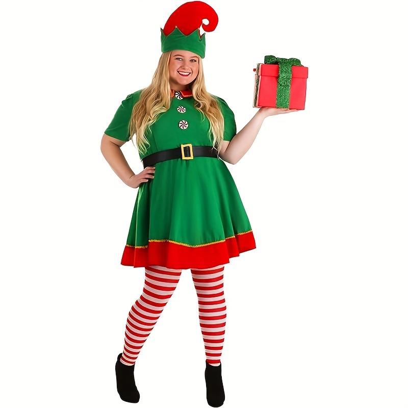 

Women's 4pcs Christmas Elf Set - Polyester Elf , Hat, , Striped Stockings For Parties & Halloween - Universal Adult Novelty Outfit , No Required