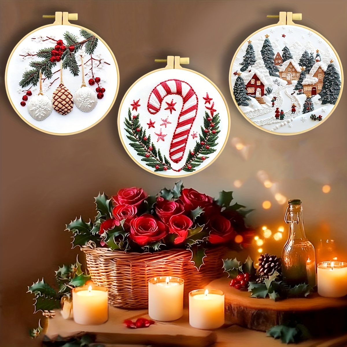 

1 Set Christmas Stitch Kit, 11ct Medium Grid, 3-strand , Beginner Diy Embroidery Craft, Holiday Wall Decor For Home - Fabric, All , White & Mixed Colors