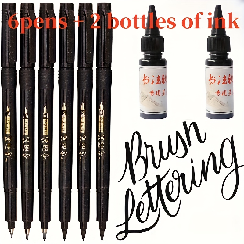 6pcs Hand Lettering Calligraphy Brush Markers Pen Set, Soft And Hard Tip, 4 Sizes For Beginners Writing, Art Drawings, Journaling