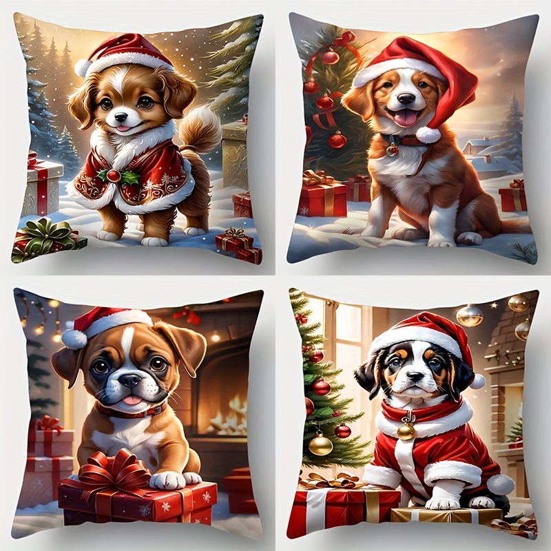 

Festive Christmas 4pcs Throw Pillow Cover Set - Dog Pattern, 17.7"x17.7", Single-sided Print, Zippered Polyester Cushion Covers For Sofa & Home Decor (inserts Not Included)