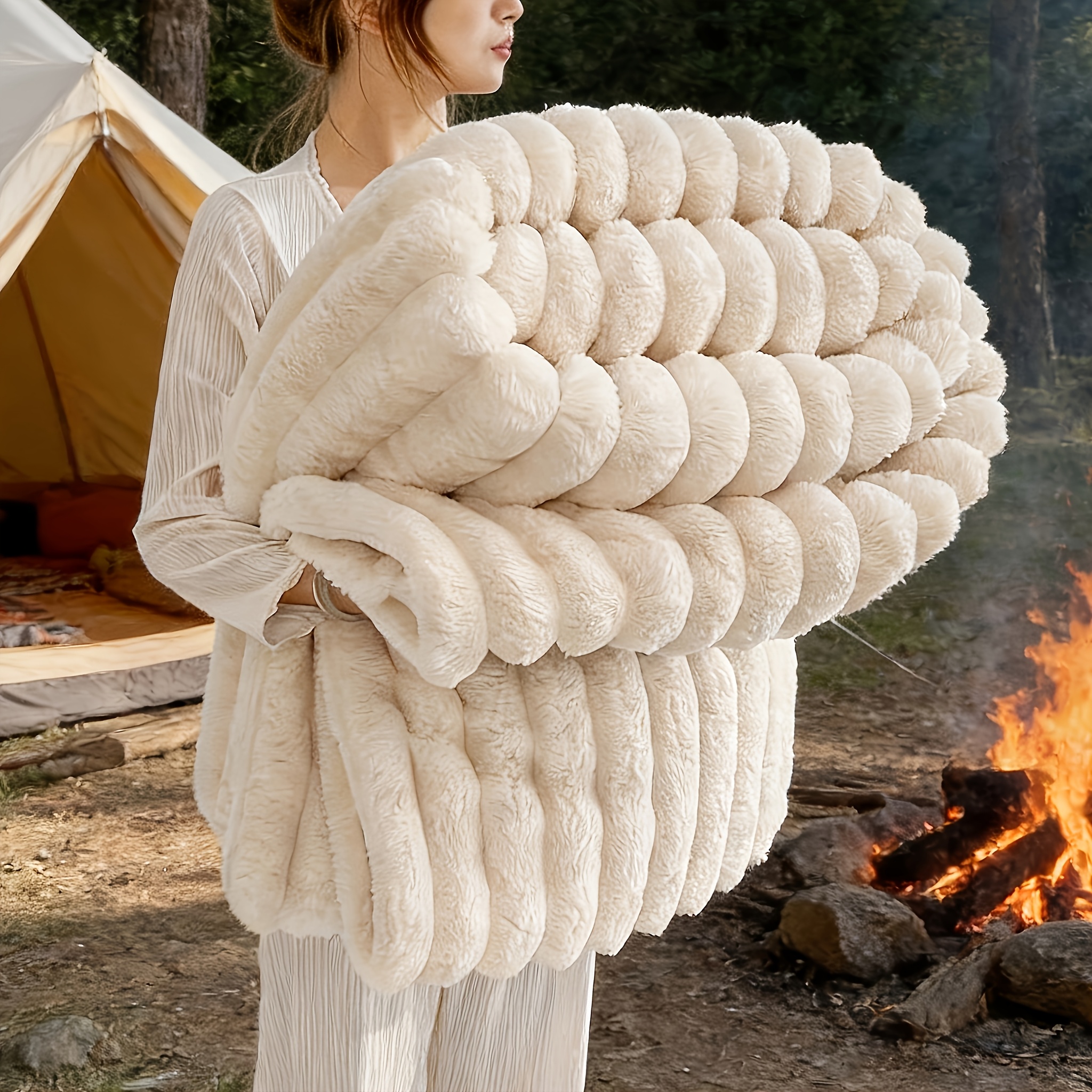 1pc Thickened Rabbit Hair Blanket - Double-sided Warm Suitable For Camping, Hiking & Use, Soft Imitation Rabbit - Outdoor Bedspread For &, Machine Washable Cozy Throw For And Traveling