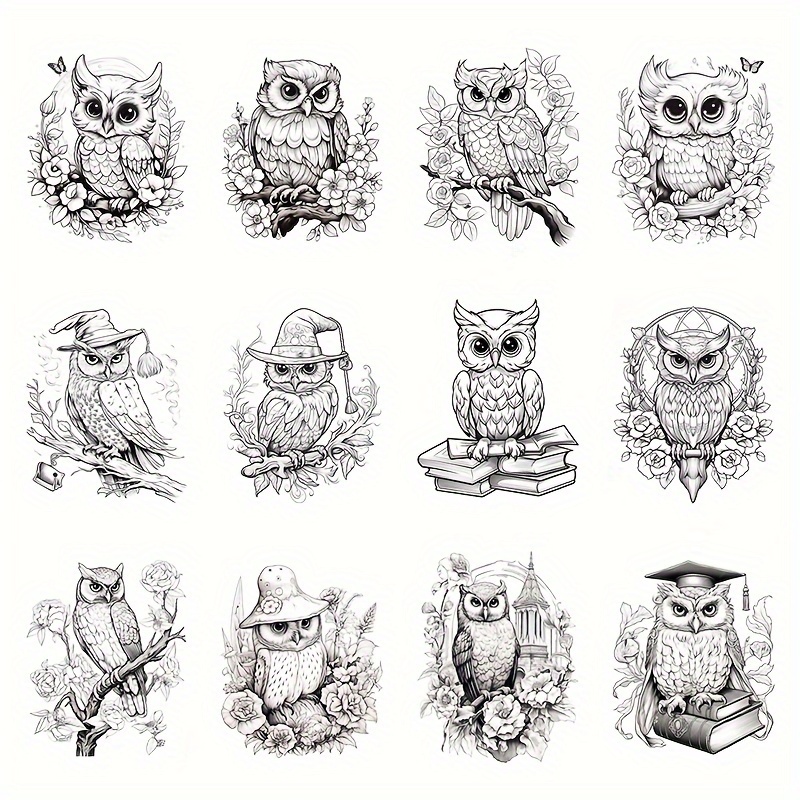 Skedimu 12pcs Black Owl Temporary Tattoos - Waterproof, Long-lasting Body Art Stickers For Animal Party Decor & Favors, 6x10cm