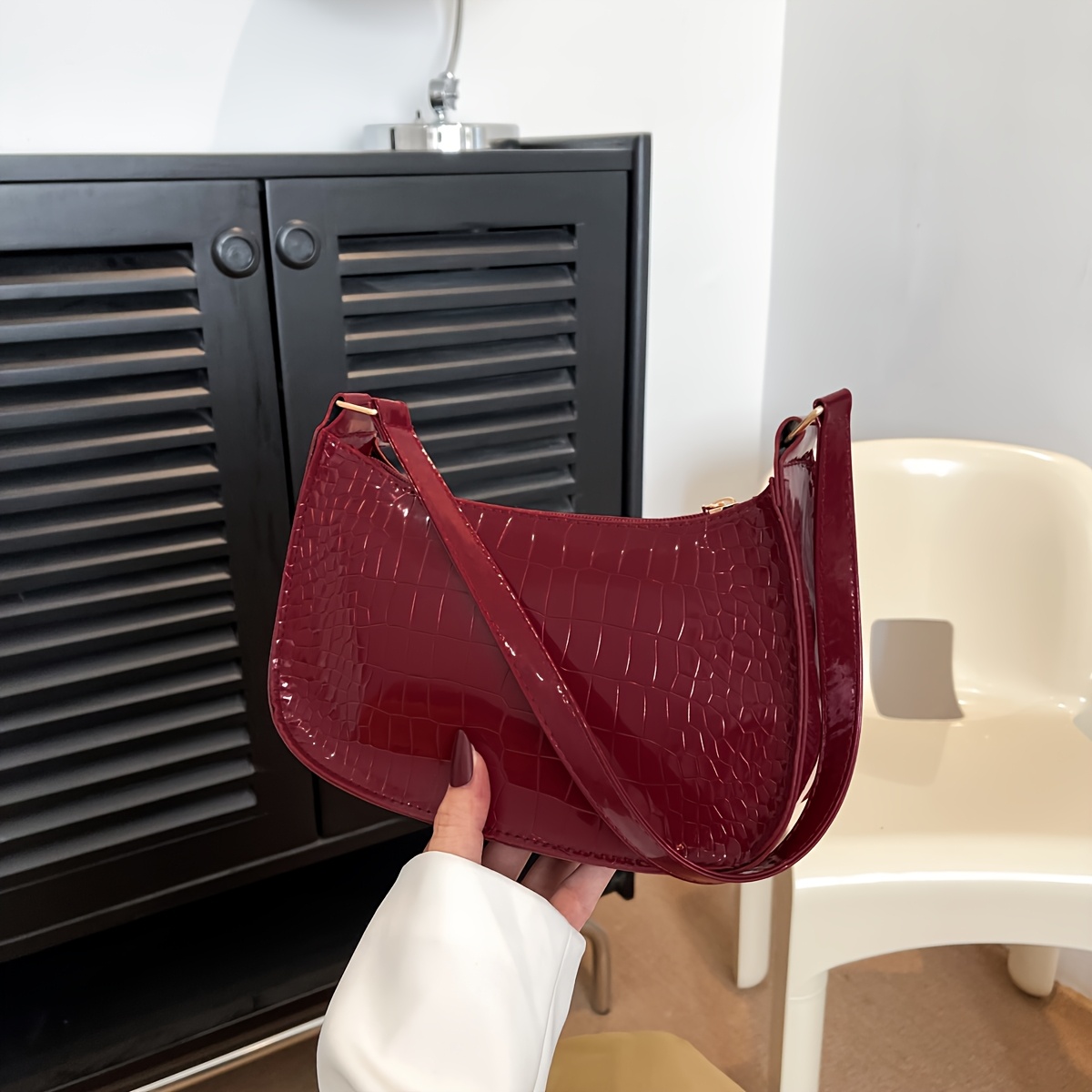 Image of Fashionable Glossy Single-shoulder Bag, Women's Pu Handbag, Simple Solid-color Underarm Wallet