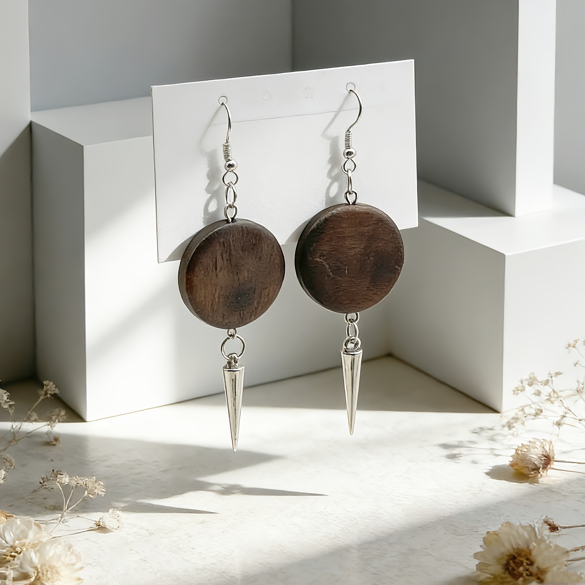 TEMU A Pair Of Cool Hip-hop Style Long Wooden Geometric Cone Pendant Earrings, Suitable For Men And Women. A Trendy Fashion Accessory Gift For