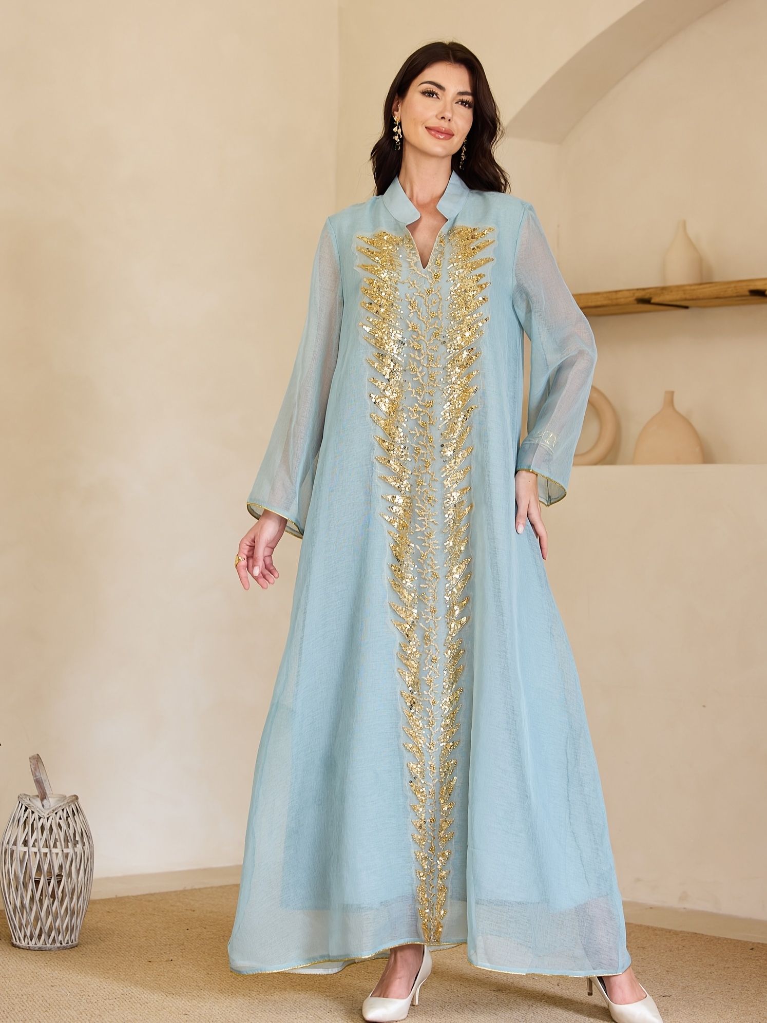 Elegant Light Green & Golden Sequin V-Neck Kaftan Dress with Front Slit -  Stylish Middle Eastern-Inspired Robe for Women * Festivals and Casual Wear,  Festival Attire * Design, Flowy Fabric