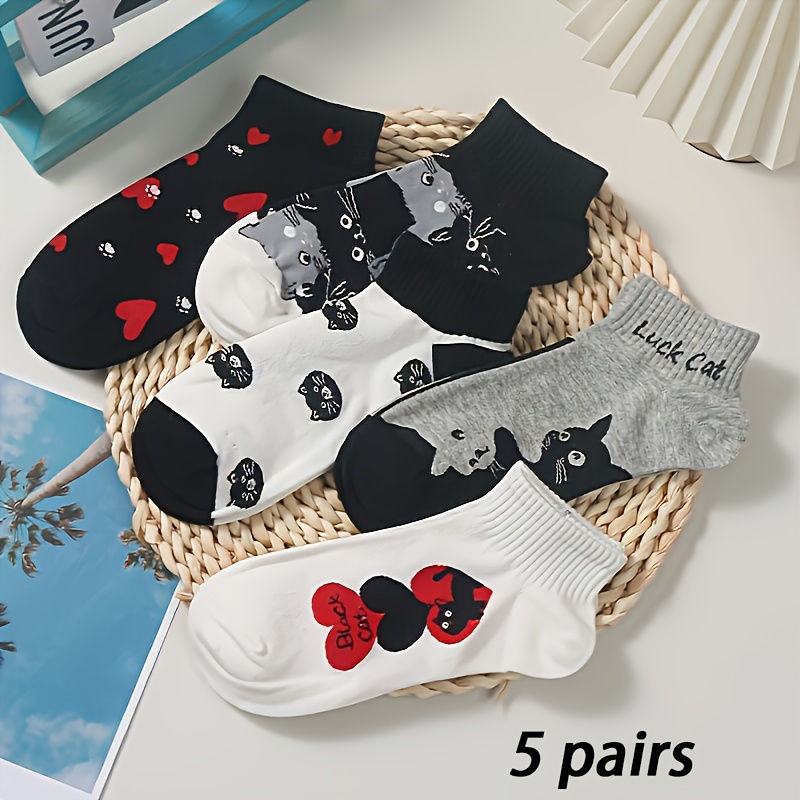 TEMU 5 Pairs Women's Cute Socks - Adorable Cat And Heart Patterns Breathable Comfortable Boat Socks, Multicolor Combination, Perfect Gift For Her,
