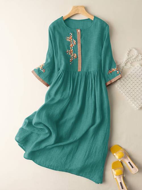 Summer Women s Embroidered Round Neck Midi Dress