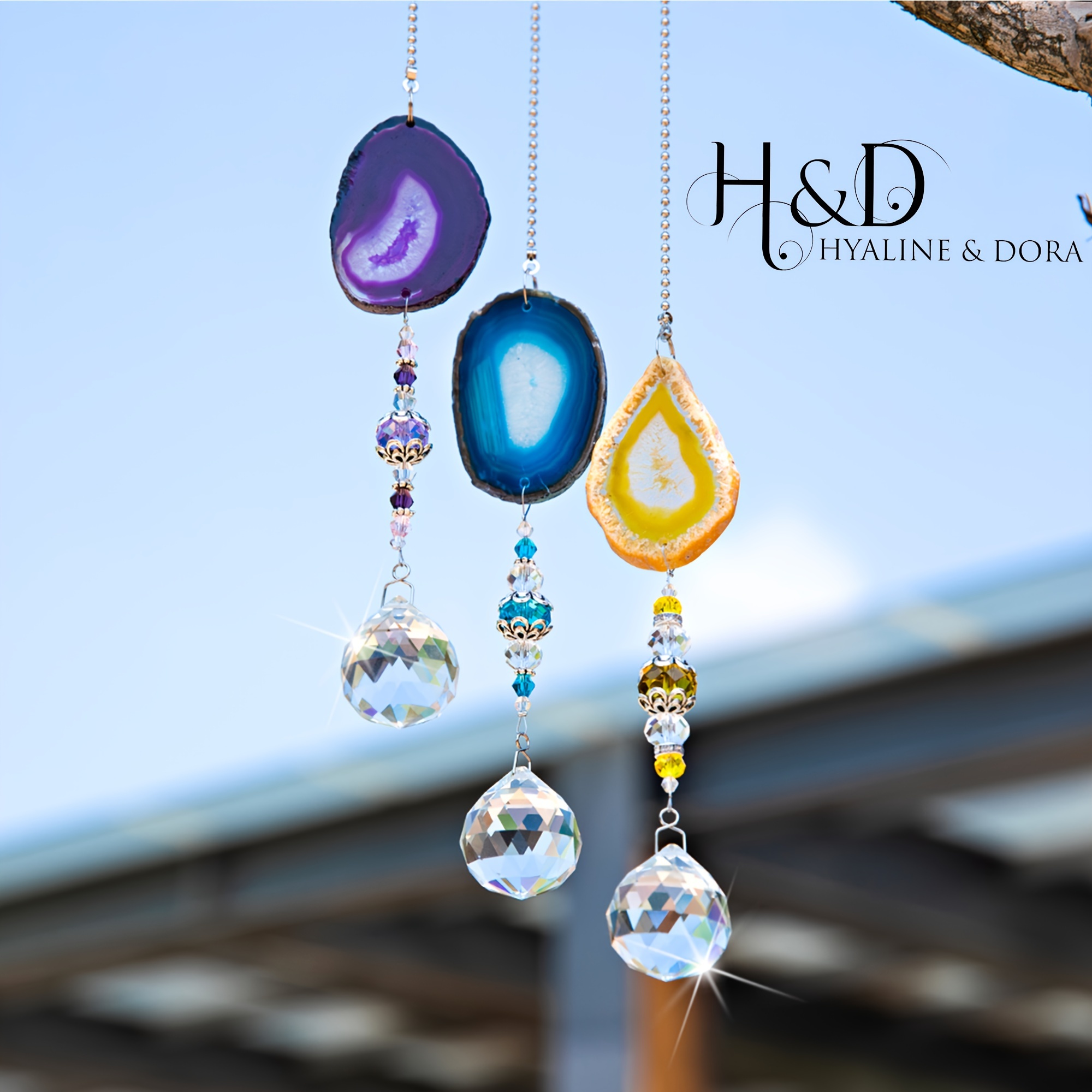 

H&d Hyaline& 3pcs Suncatcher Hanging Agate Slices Wind Chimes With 30mm Crystal Ball Hanging Ornaments For Window Home Garden