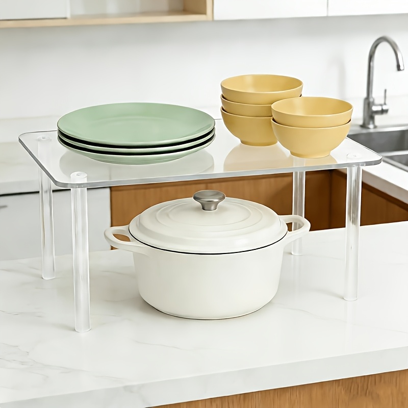 TEMU Transparent Acrylic Kitchen Countertop Shelf, Stackable Cabinet Organizer, Countertop Risers For Plates, Bowls, And Pots, Space-saving Storage