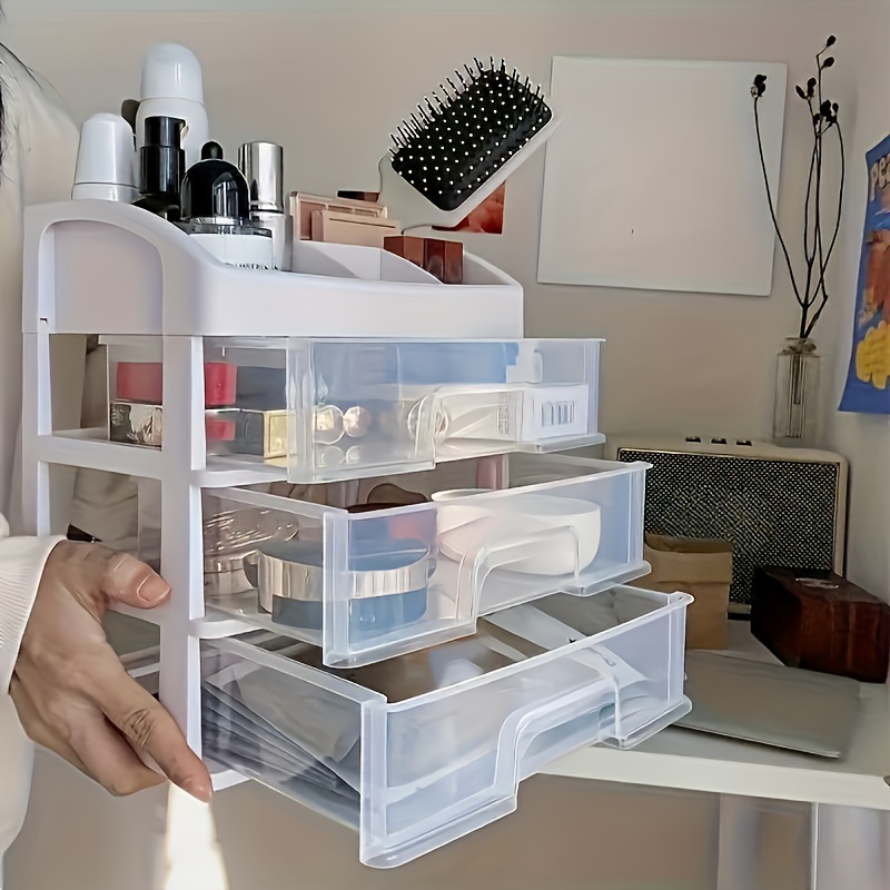 

1pc Plastic Cosmetic Organizer, 4-layer Transparent Makeup Storage Box, Large Capacity Rack For Lipstick, Skincare, Nail Polish, Stationery, With Drawers For Home, Office Use