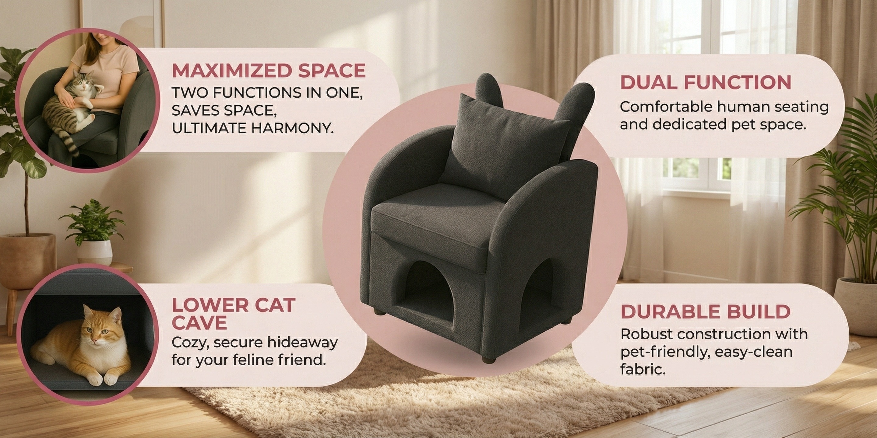 two in ear cat bed armchair sofa chair with hidden compartments scratch resistant suitable for indoor cats and small dogs modern rabbit ear with hideout compact pet furniture for small spaces no black Product details 3