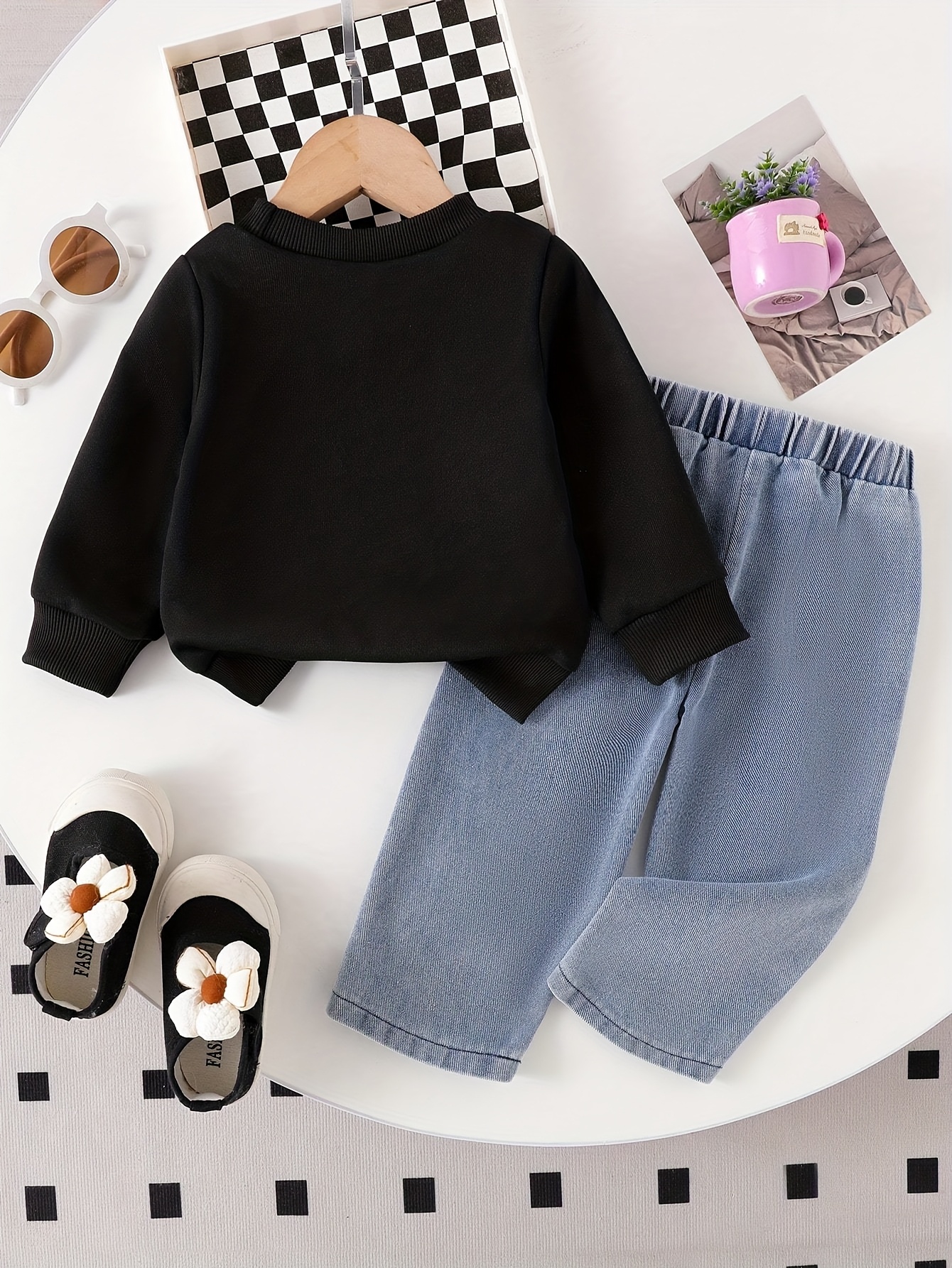2pcs s bow print 3d bow detail sweatsuit pants black round neck long sleeve romper with elastic waist pants outfit for   hand washable 2pcs suit   outdoor Product details 0