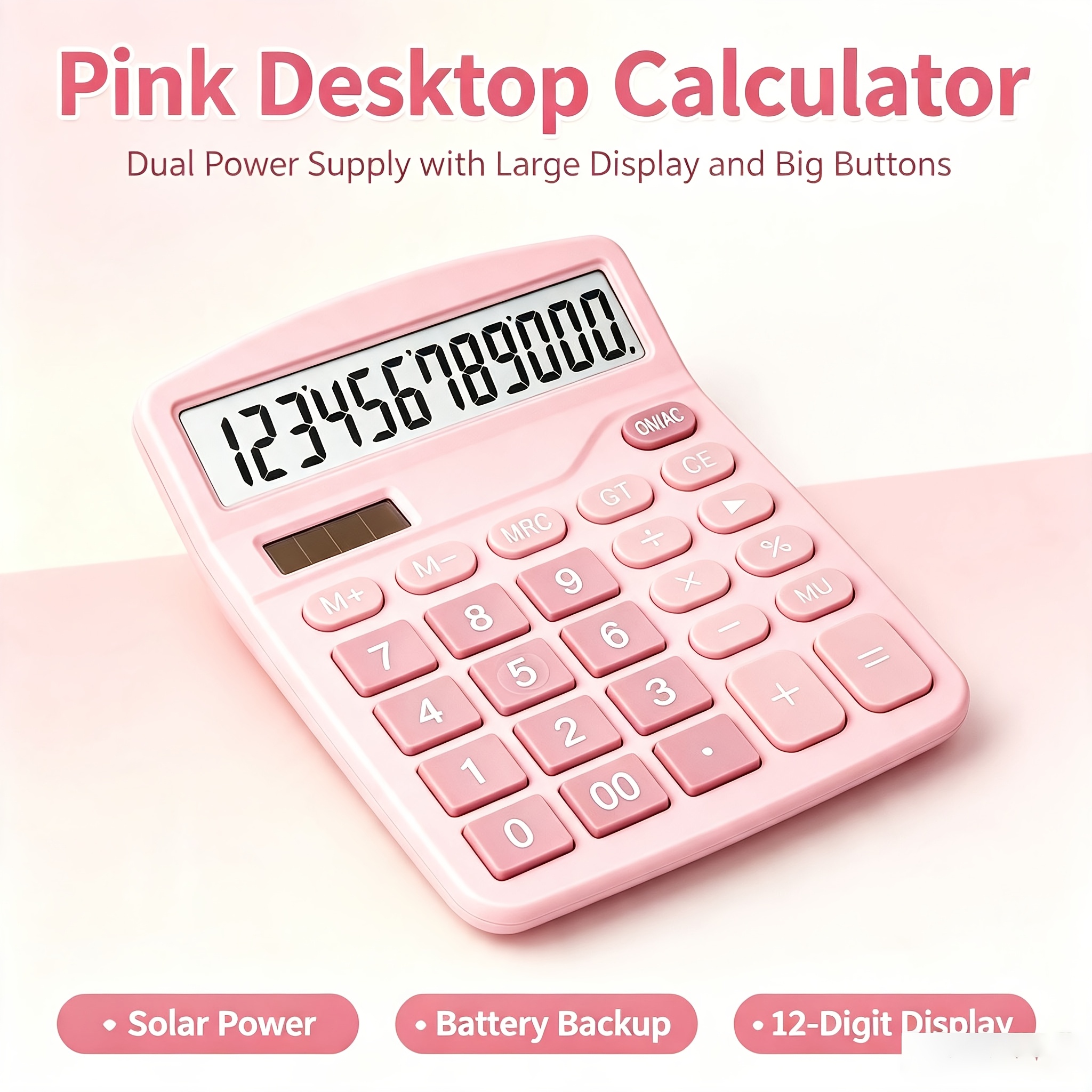 TEMU Pink Desktop Calculator, 12-digit Large Lcd Display Delivers Clear Readings For Daily Accounting Work. Equipped With Supply Of Solar Energy And