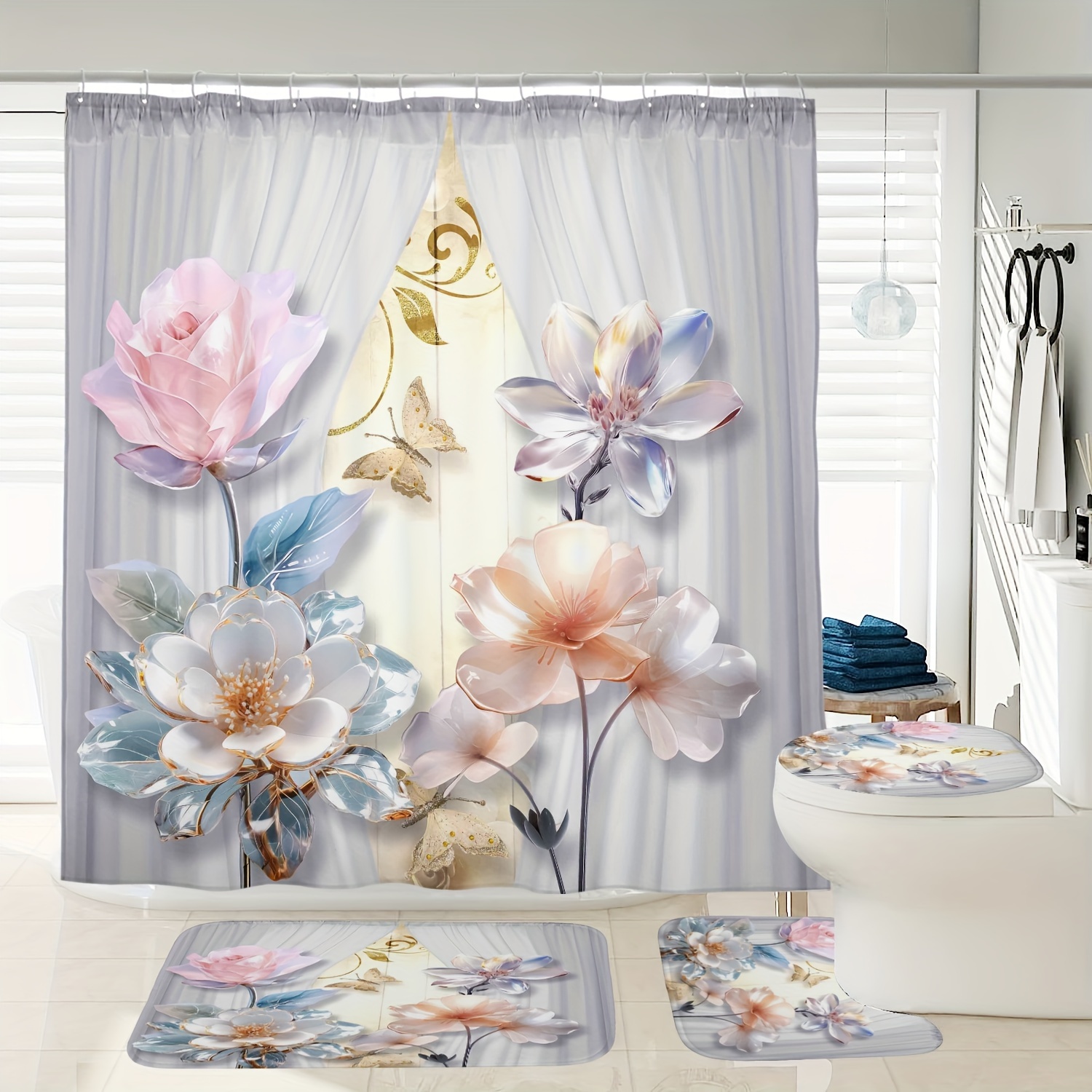 

1/4pcs Floral Printed Shower Curtain Set, Shower Curtain With 12 Hooks, Non-slip Bathroom Rug, Toilet U-shape Mat, Toilet Lid Cover Pad, Bathroom Decor