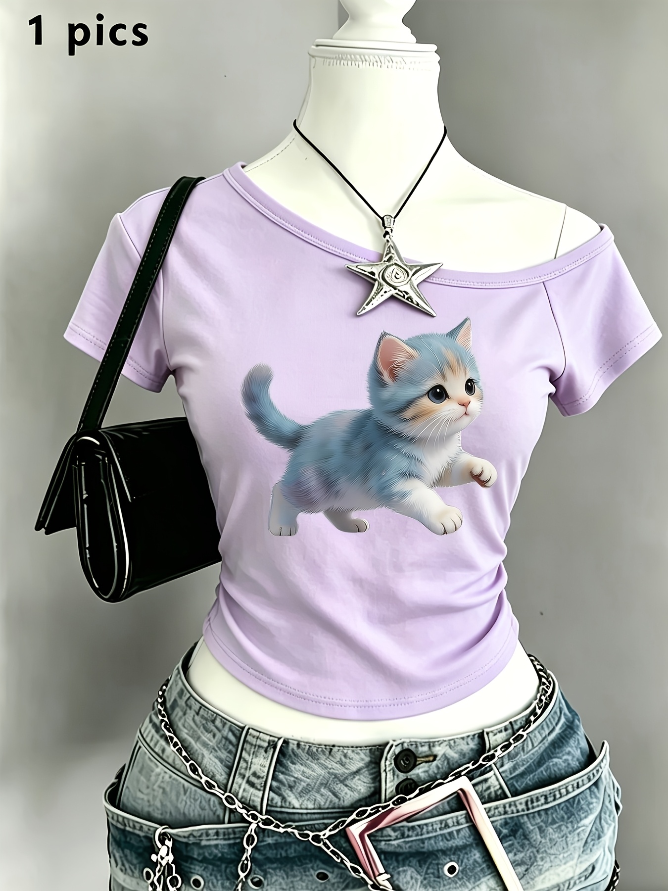 artikel foto off-shoulder t-shirt voor tienermeisjes met korte mouwen en print van wandelende kat, minimalistische stretch slanke casual top, schattige elastische gebreide top voor tienermeisjes |   | cadeau | off-shoulder | zomer |   | tailleknijper