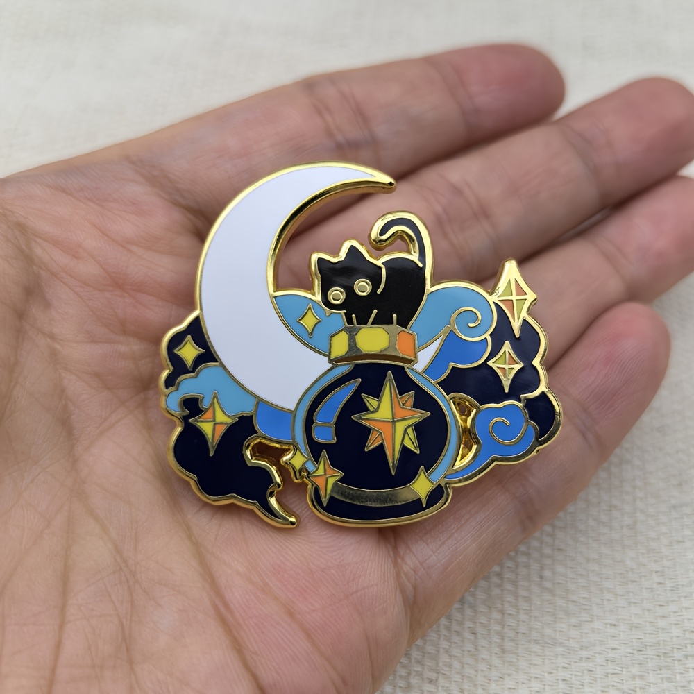 TEMU Adorable Starry Sky And Black Cat Potion Brooch With Moon Kitty Enamel Lapel Pin Metal Badge For Hats, Bags, And Clothing Accessories - Gift For