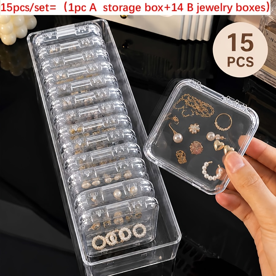 TEMU Lot de 15 boîtes de rangement à bijoux transparentes, mini organisateur portable en plastique transparent pour boucles d'oreilles, bagues et ,