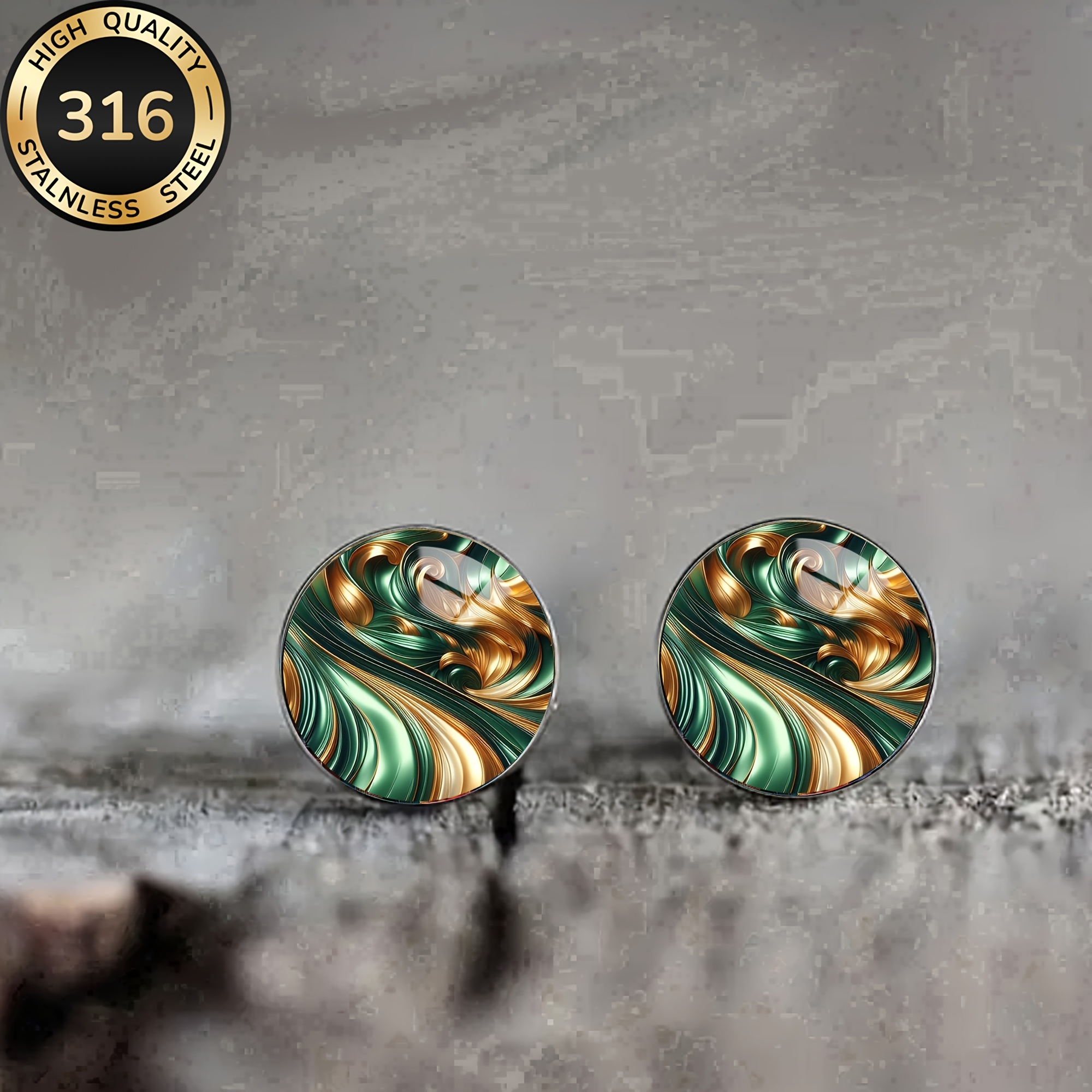 Image of 1 Pair Green And Golden Wave Pattern Steel Stud Earrings, Vacation Earrings For Men And Women, Daily Wear, Banquet Gift
