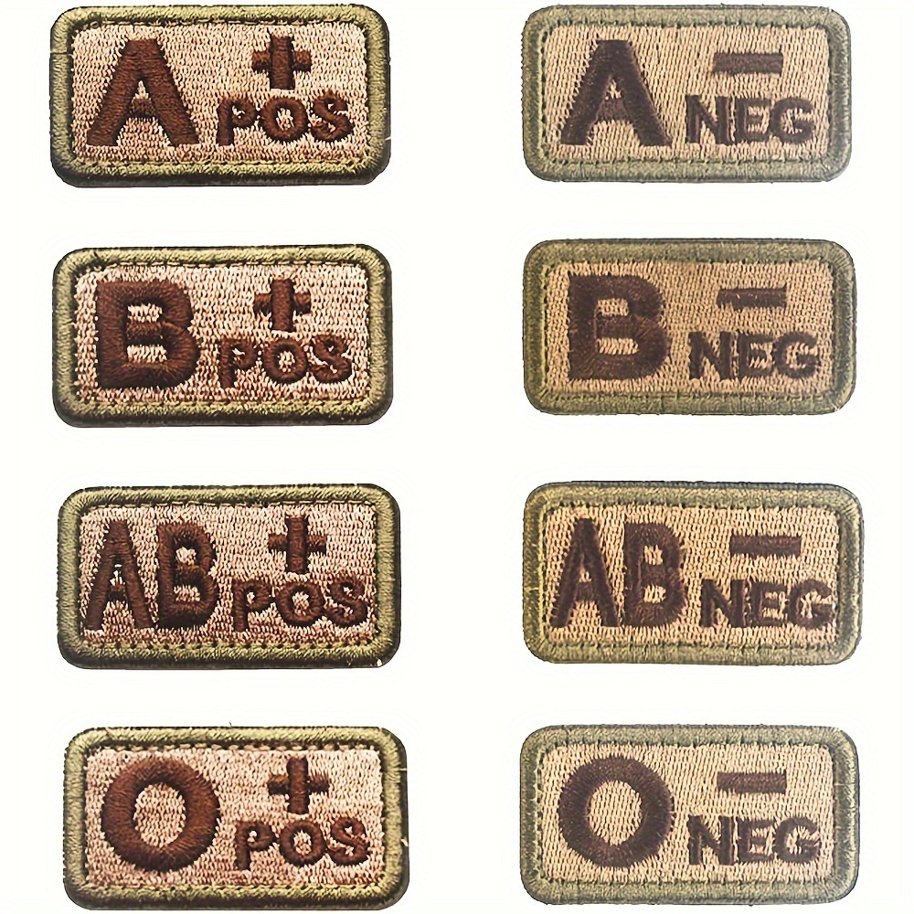 

8 Pack - Military Blood Type Morale Patches, Tactical Embroidered Badges With Hook And Loop Fastener, Combat Appliques For Uniforms And Gear - A+, A-, B+, B-, Ab+, Ab-, O+, O- (army Green)