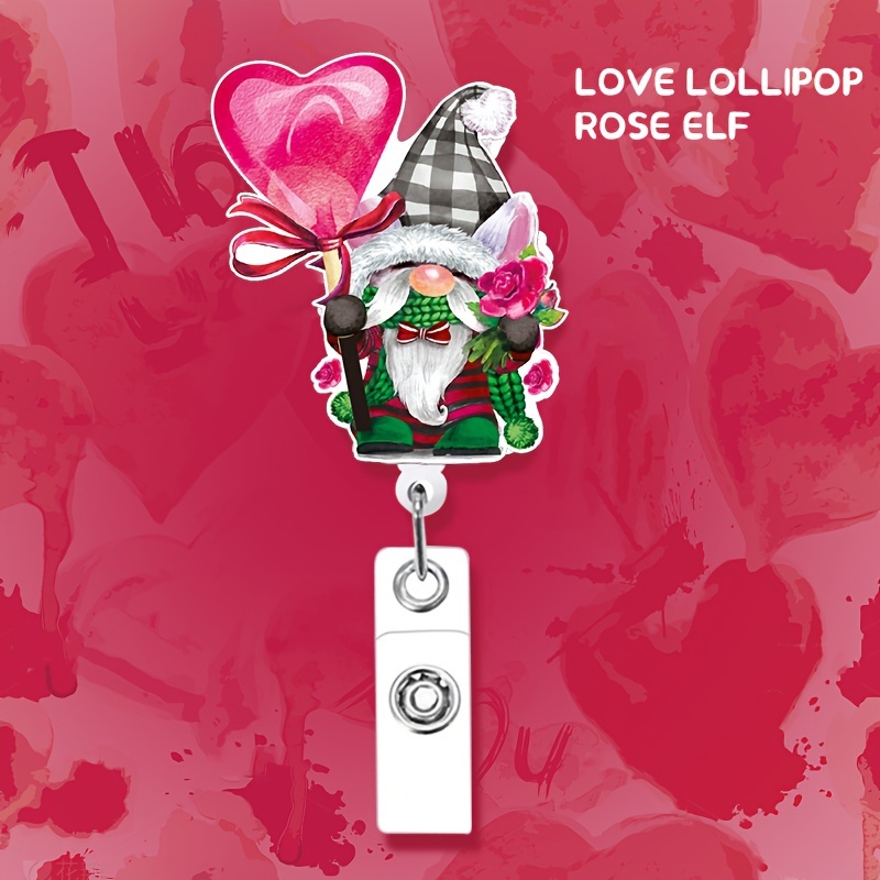 Valentine's Day Heart Gnome Badge Reel Holder Clip
