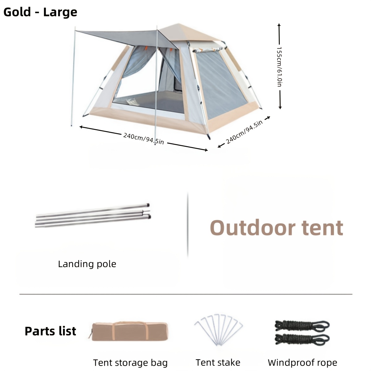 TEMU 1pc Quick Setup Camping Tent, 4 Ventilated Windows, 240x240cm, Square Shape, Polyester Fabric, Fiberglass Frame, Basic Waterproof, Dual-layer Mesh Door, Outdoor Shelter For Adults And Kids