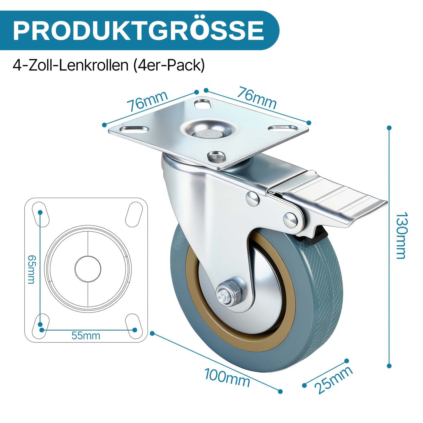 E-shop 4er-Set Flach- Schwenkrollen | Leise langlebig, Maximale Belastung 260 kg, geeignet für Möbel, Werkbänke, Handwagen - 2 mit , 2 ohne