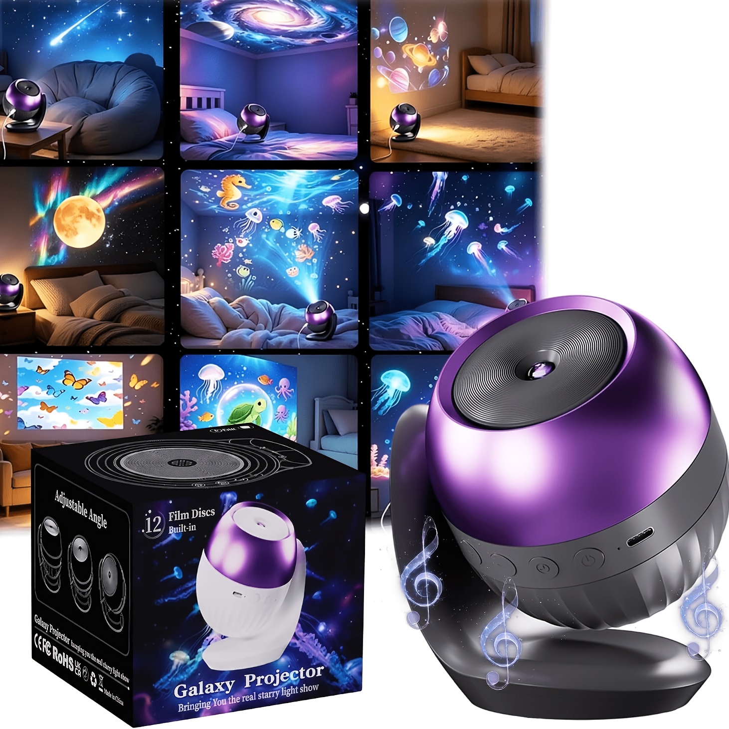 TEMU Lampe de projection dynamique LED Ciel Étoilé Océan Univers, avec 24 de film ( : Océan/Ciel Étoilé/Univers), projection rotative dynamique et 7