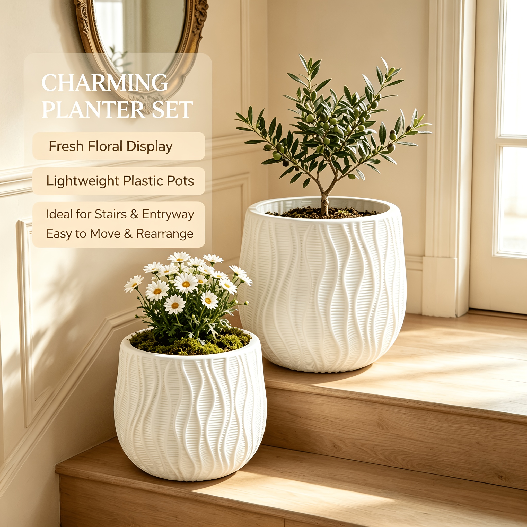 TEMU 2pcs Textured Plastic Planter Set 2pcs Indoor Outdoor Flower Pots Modern Decorative Plant Containers For Room Balcony Lightweight Decorative