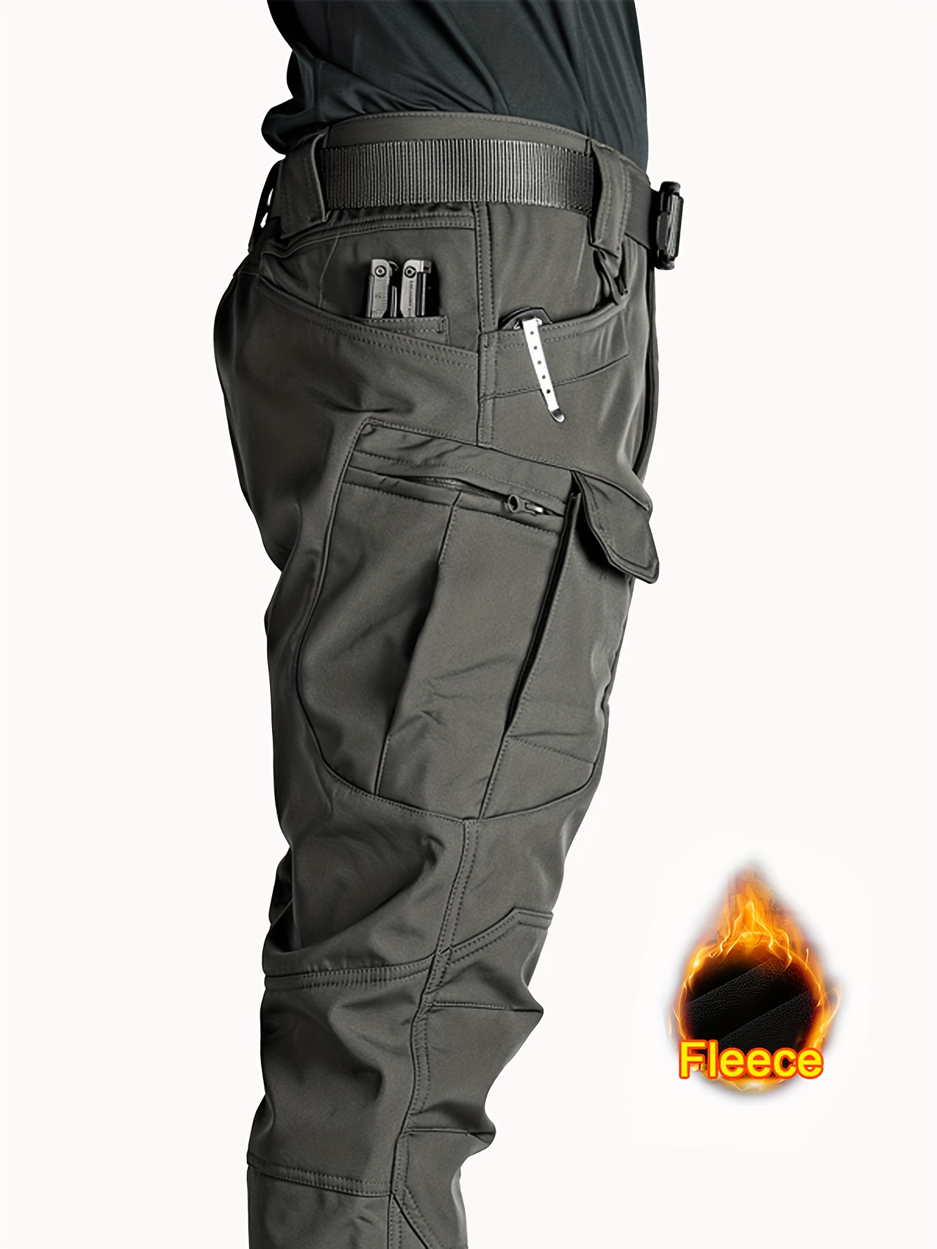 mens multi pocket fleece warm   pants loose casual outdoor pants mens work pants suitable for hiking camping and hiking details 0